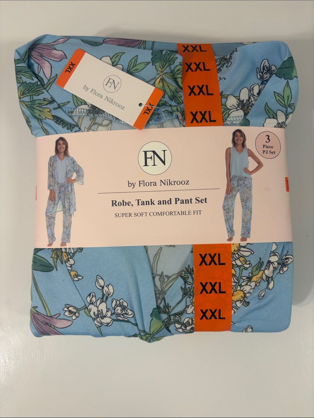 Flora Nikrooz 3-Piece Pajama Set Robe Tank & Pant Blue Floral XXL